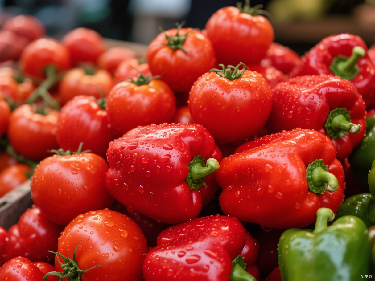 Tomates e pimentões frescos com gotas de água