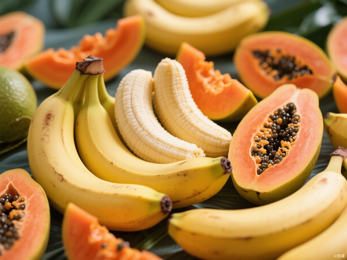 Bananas e fatias de mamão papaia