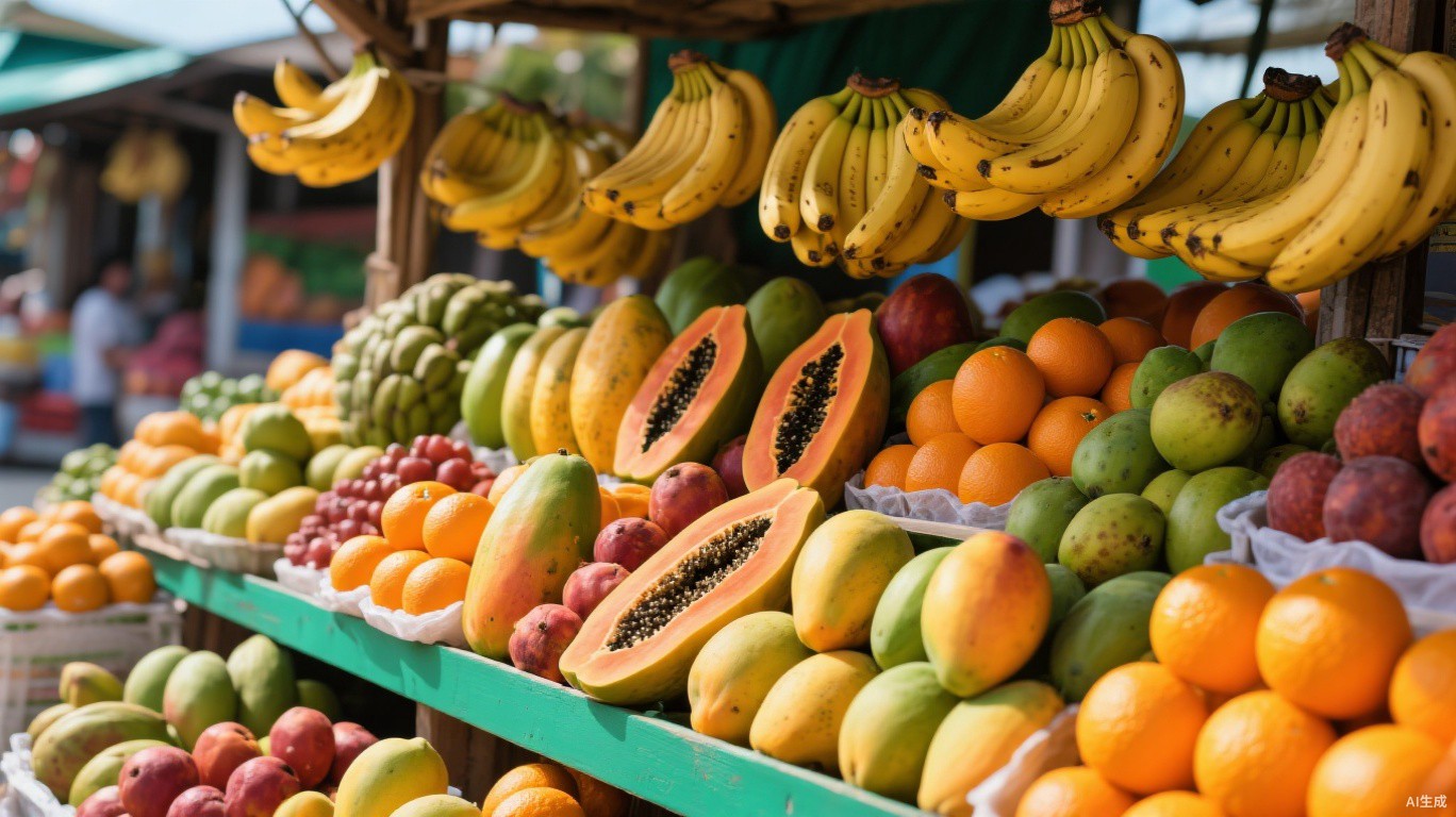 Banca repleta de frutas tropicais frescas